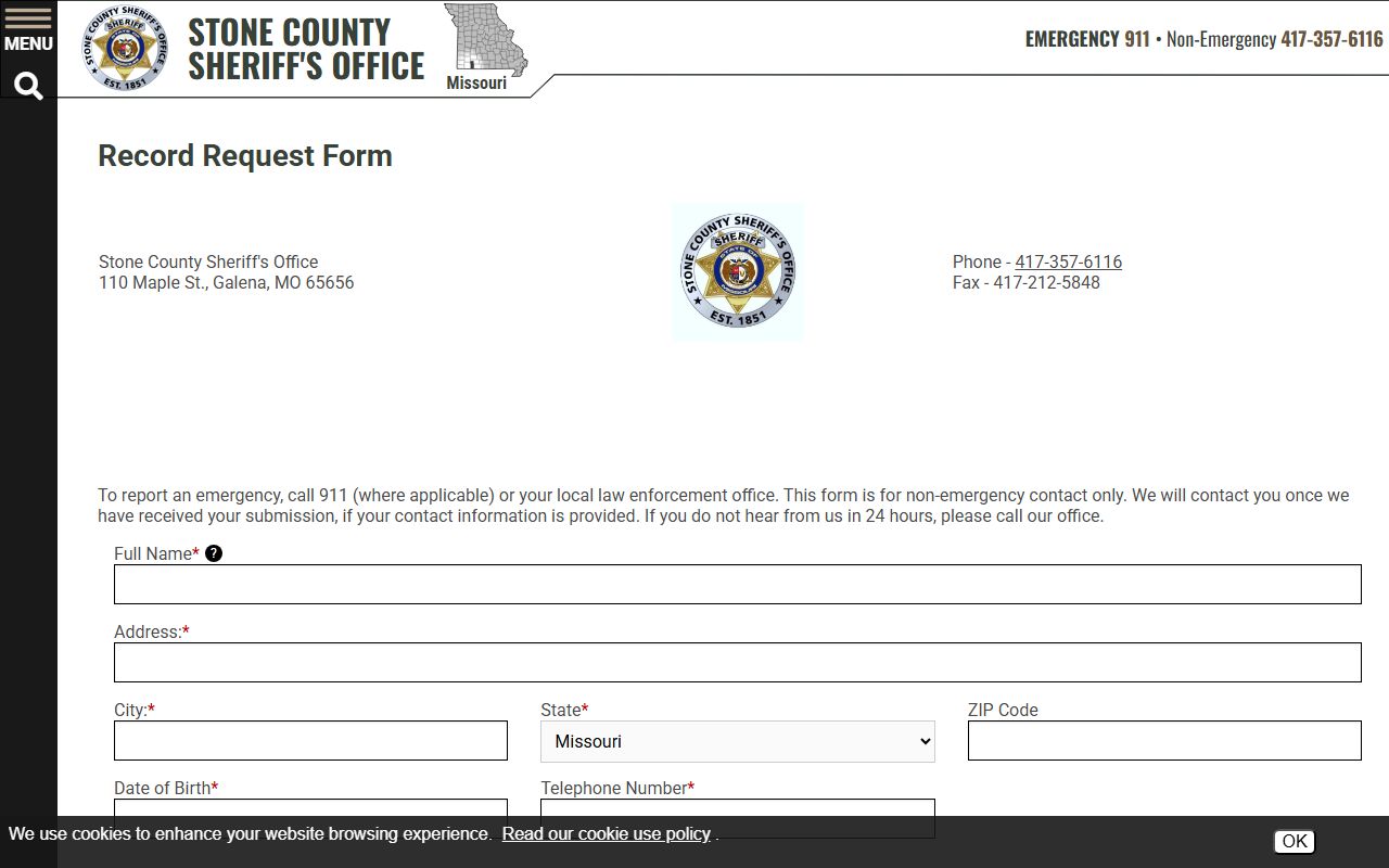 Stone County arrest records sheriff record request form