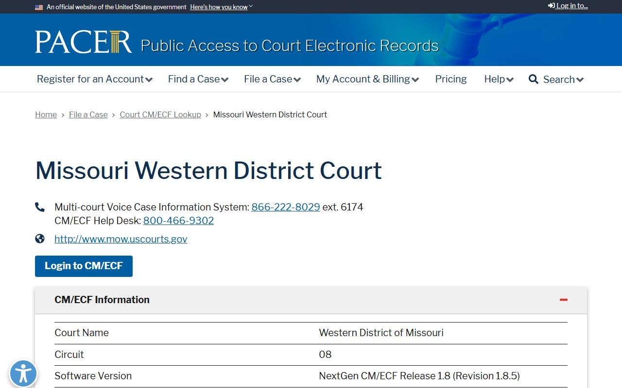 Stone County court dockets PACER lookup for Missouri Western District Court