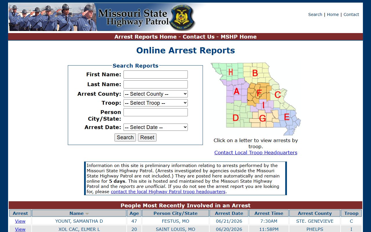Stone County criminal court records Missouri State Highway Patrol arrest reports