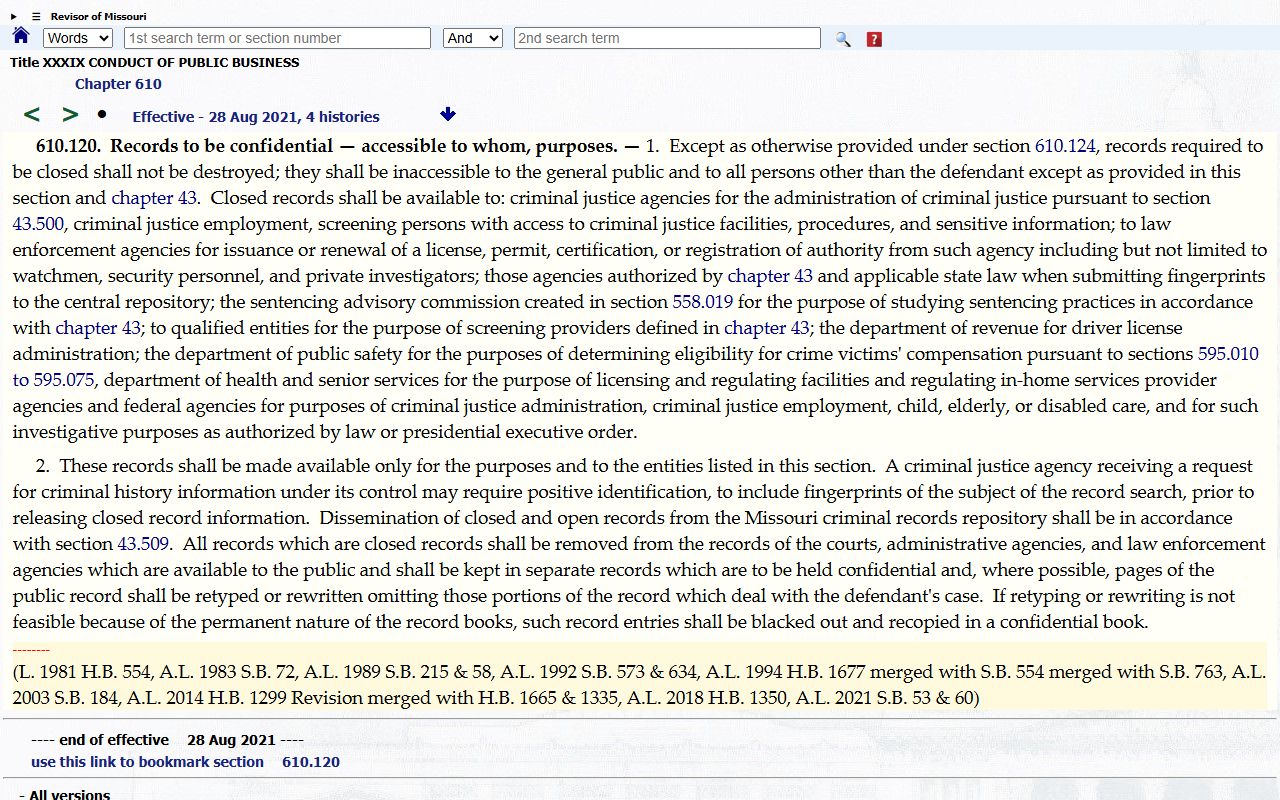 Stone County criminal court records Missouri closed criminal records statute