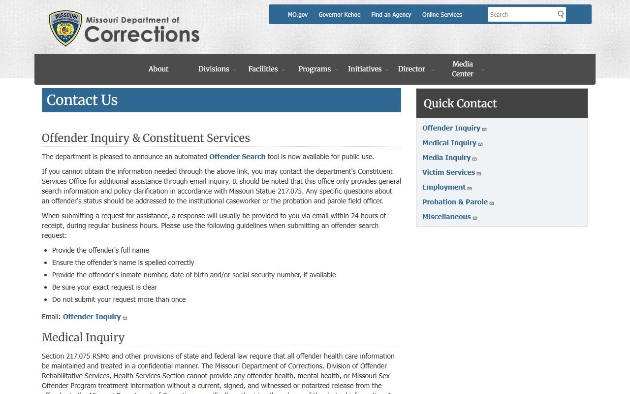 Stone County inmate search Missouri DOC contact page