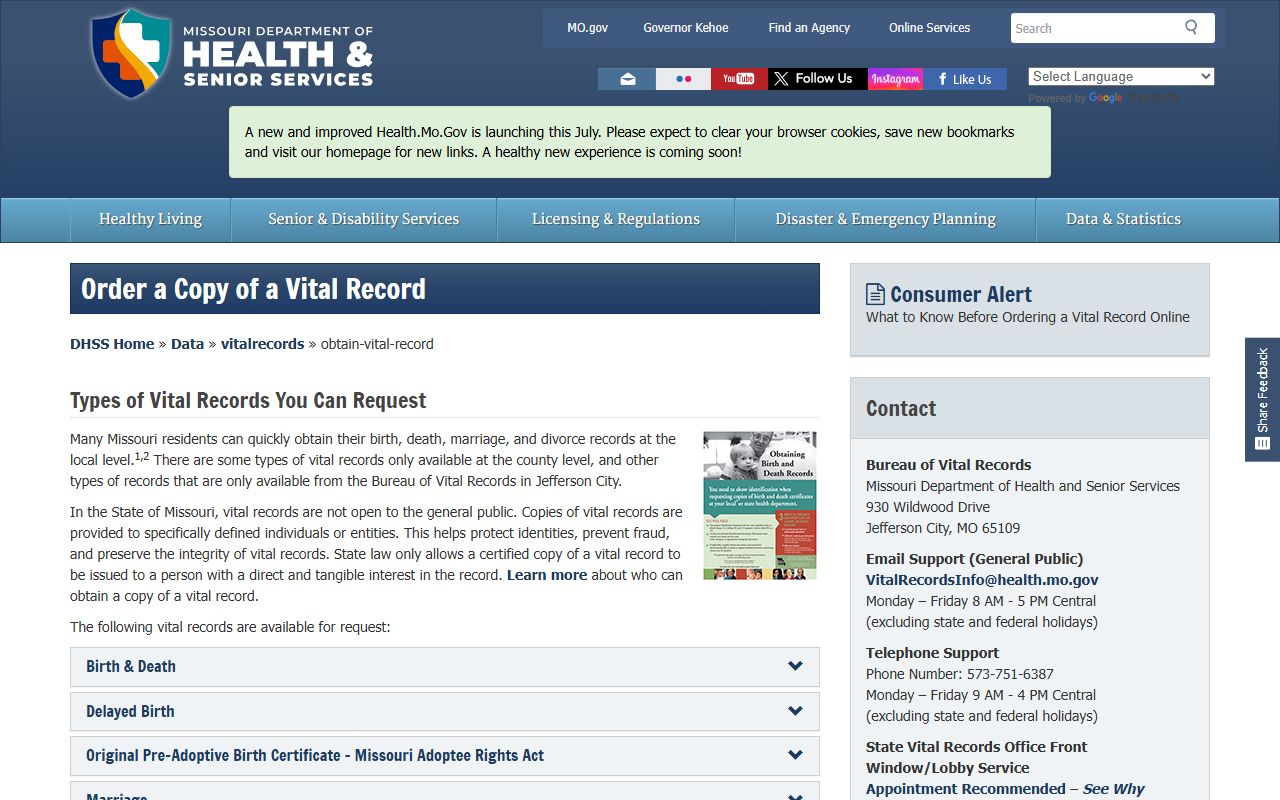Stone County marriage and divorce records Missouri vital records request page